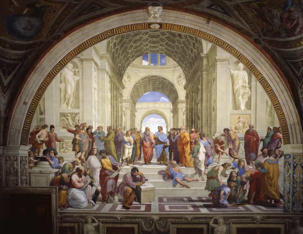 題名：『アテナイの学堂』、作者：ラファエロ・サンティ、所蔵：バチカン宮殿、バチカン市国